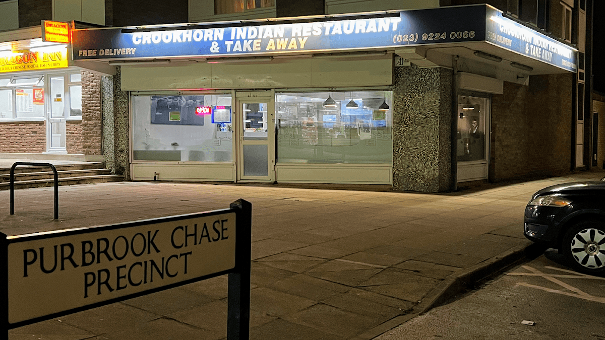 Crookhorn Indian Restaurant and takeaway in the Purbrook Chase Precinct, at night