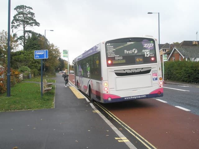 London Road, Waterlooville — local shops and a route 41 bus