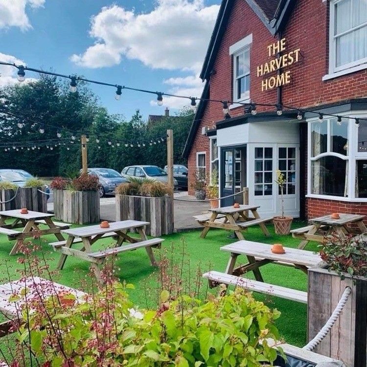 The Harvest Home pub beer garden and frontage, Southwick Road, Denmead